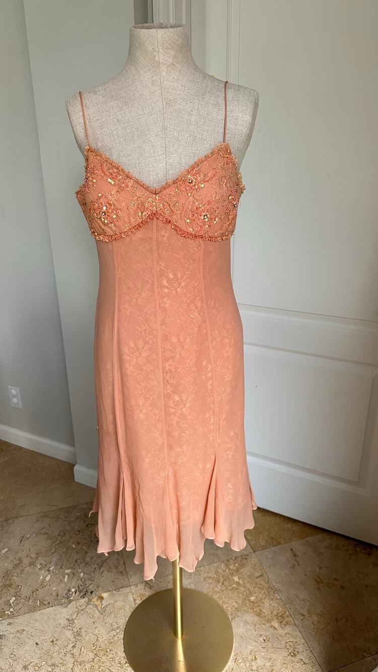 Vintage Y2K Niki by Niki Livas Peach Silk Chiffon Beaded Slip Midi Dress